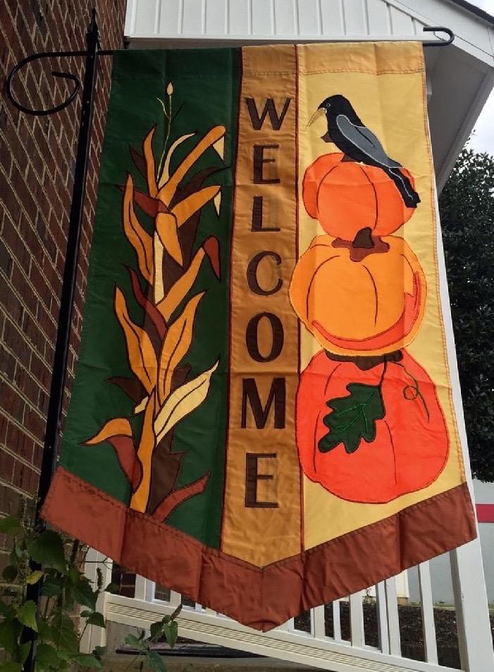 APPLIQUE FALL WELCOME FLAG, A HAND CRAFTED APPLIQUE FLAG FROM BALD EAGLE FLAG STORE FREDERICKSBURG VA USA PHOTOGRAPH BY BALDEAGLEINDUSTRIES.COM
