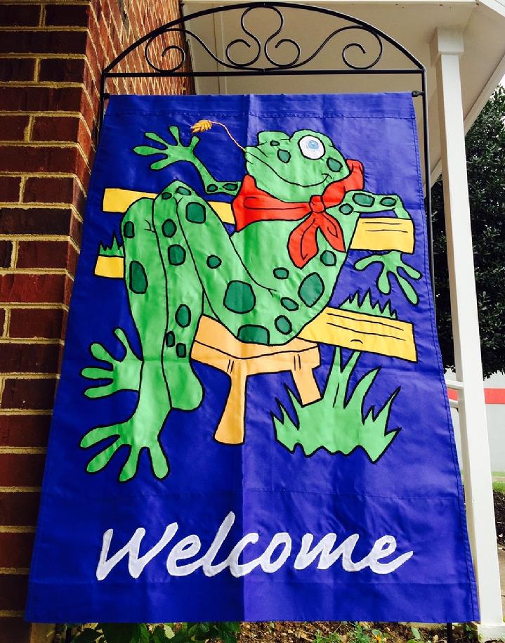 Beautiful Large Applique Frog Welcome Flag and Large Flag Stand by Bald Eagle Flag Store Fredericksburg Virginia (540) 374-3480 from our collection of beautiful fully sewn appliqué flags