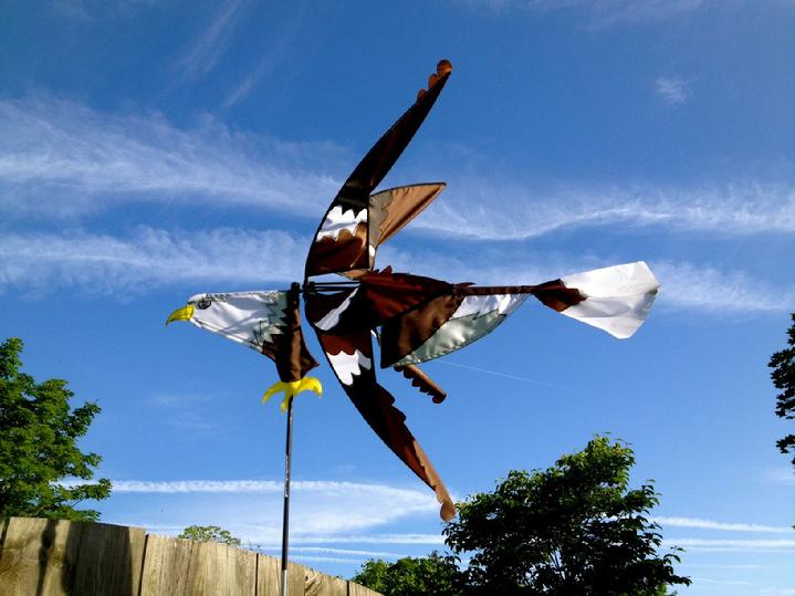 american bald eagle spinner whirlygig from bald eagle industries at bald eagle flag store fredericksburg va, bald eagle spinner rotates in the wind and bald eagle wings spin in the wind, solarmax nylon fabric eagle spinner, the most durable longest lasting bird spinner premier kites ever made