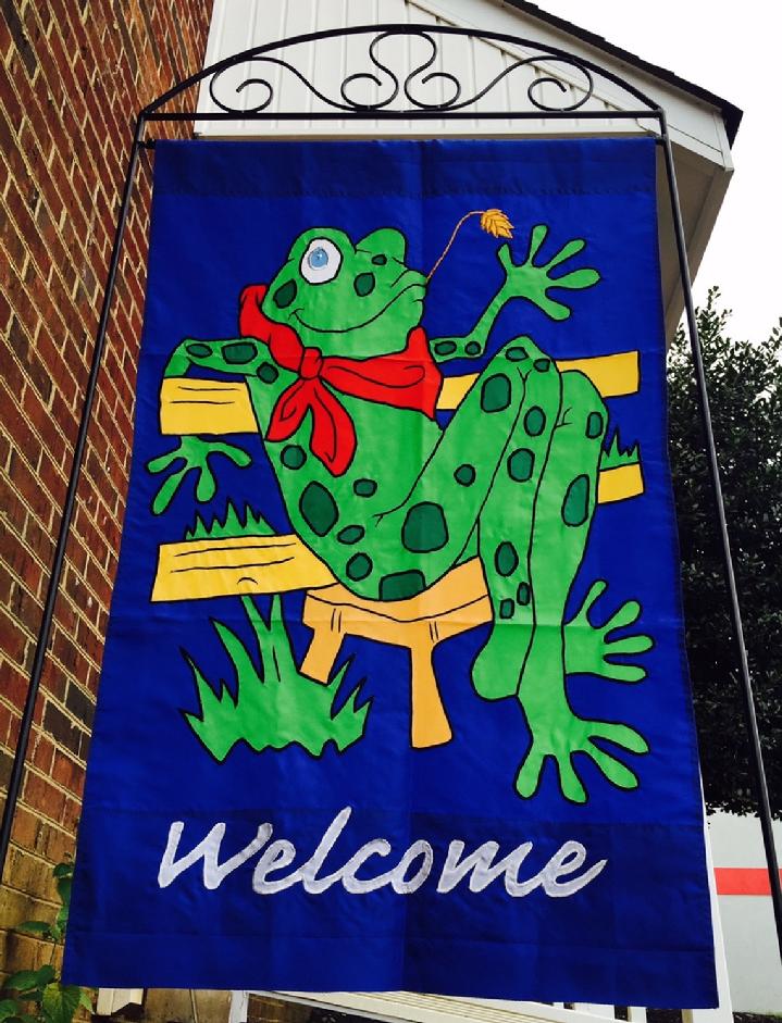 Beautiful Large Applique Frog Welcome Flag and Large Flag Stand by Bald Eagle Flag Store Fredericksburg Virginia (540) 374-3480 from our collection of beautiful fully sewn appliqué flags