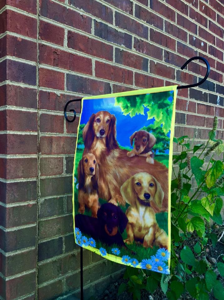DACHSHUND GARDEN FLAG DOG GARDEN FLAG AND FLAG STAND BY BALD EAGLE FLAG STORE FREDERICKSBURG VA 22407 USA (540) 374-3480 PHOTOGRAPH BY BALDEAGLEINDUSTRIES.COM