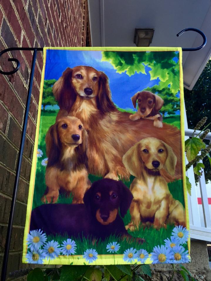 DACHSHUND FLAG DOG GARDEN FLAG AND FLAG STAND BY BALD EAGLE FLAG STORE FREDERICKSBURG VA 22407 USA (540) 374-3480 PHOTOGRAPH BY BALDEAGLEINDUSTRIES.COM