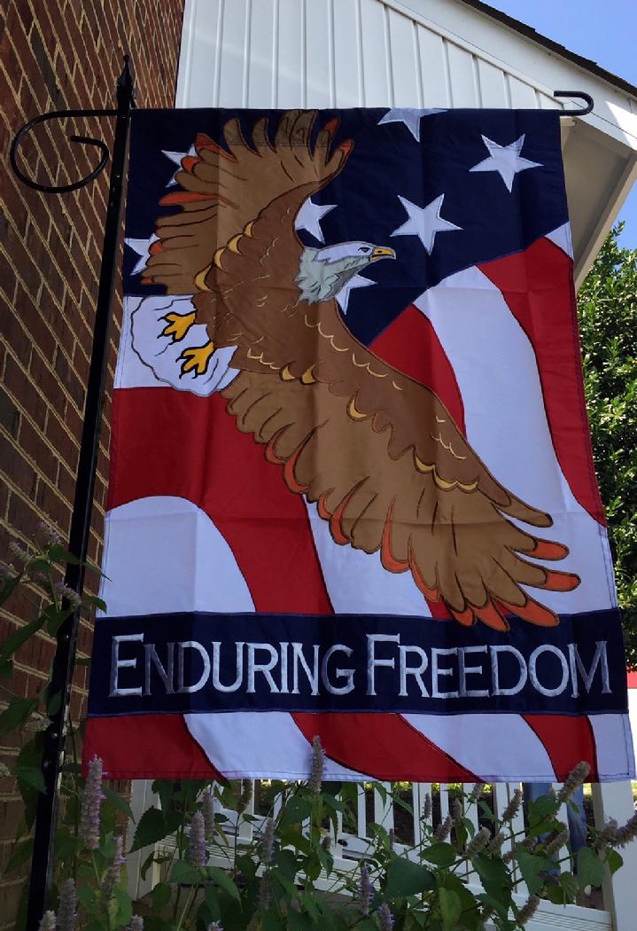ENDURING FREEDOM FLAG LARGE APPLIQUÉ FLAG PATRIOTIC FLAG BY BALD EAGLE FLAG STORE 540-374-3480 PHOTOGRAPH BY BALDEAGLEINDUSTRIES.COM