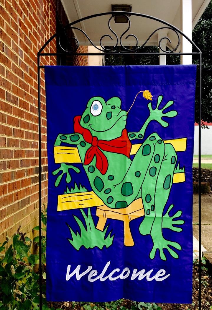Beautiful Large Applique Frog Welcome Flag and Large Flag Stand by Bald Eagle Flag Store Fredericksburg Virginia (540) 374-3480 from our collection of beautiful fully sewn appliqué flags