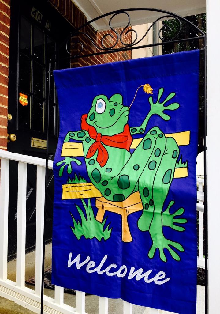 Beautiful Large Applique Frog Welcome Flag and Large Flag Stand by Bald Eagle Flag Store Fredericksburg Virginia (540) 374-3480 from our collection of beautiful fully sewn appliqué flags