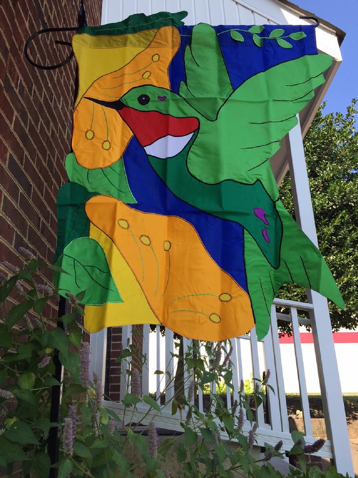 LARGE HUMMINGBIRD FLAG VINTAGE RED THROAT HUMMINGBIRD 3D APPLIQUÉ FLAG BY BALD EAGLE FLAG STORE FREDERICKSBURG VIRGINIA 540-374-3480 PHOTOGRAPH BY BALDEAGLEINDUSTRIES.COM