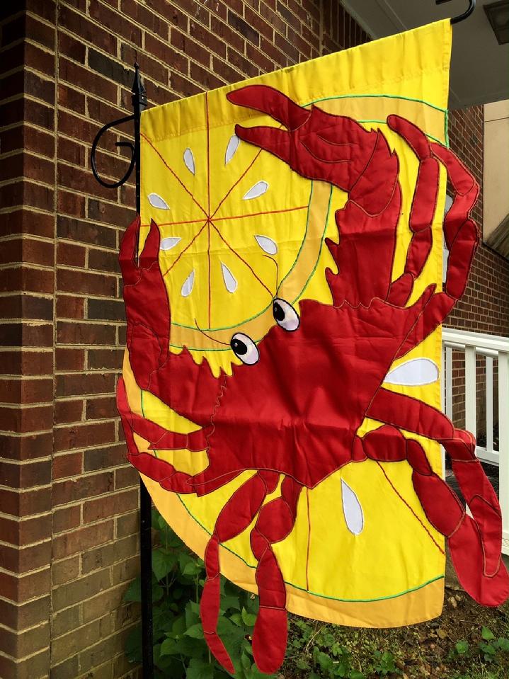 BEAUTIFUL LARGE RED CRAB FLAG DELUXE 3D APPLIQUÉ FLAG DOUBLE SIDED CRAB FLAG BY BALD EAGLE FLAG STORE DIVISION OF BALD EAGLE INDUSTRIES, PHOTOGRAPH BY BALDEAGLEINDUSTRIES.COM (540) 374-3480