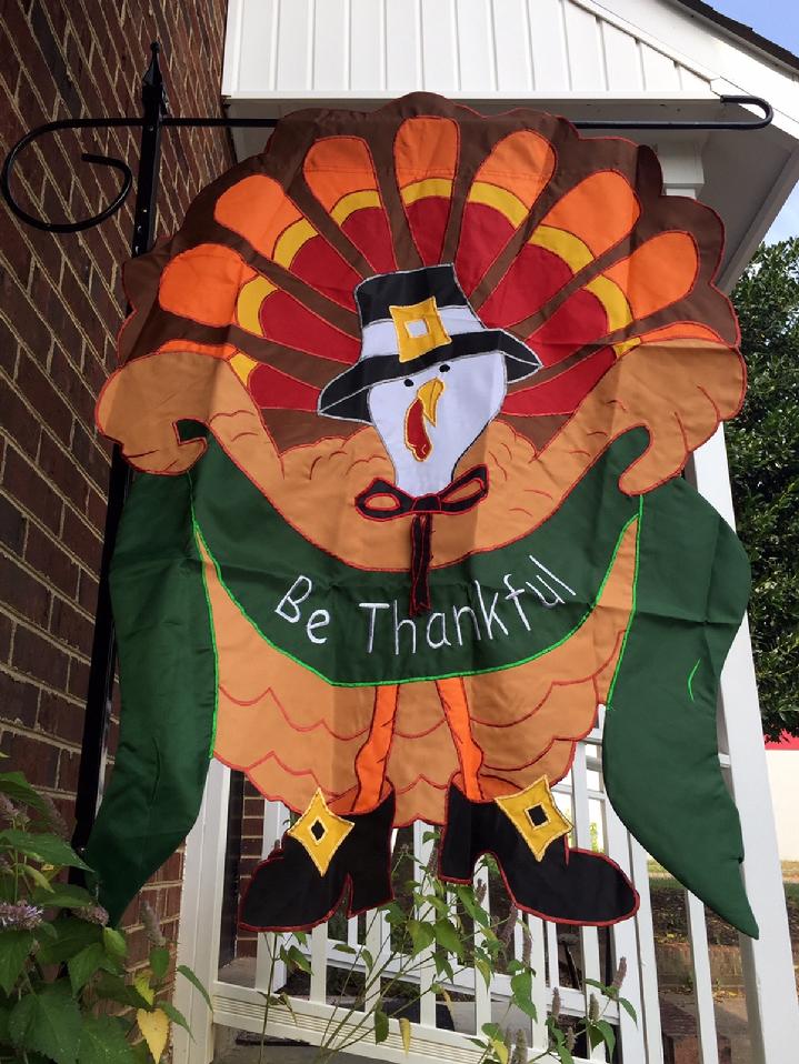 BE THANKFUL TURKEY FLAG THANKSGIVING FLAG BY BALD EAGLE FLAG STORE 540-374-3480 PHOTOGRAPH BY BALDEAGLEINDUSTRIES.COM