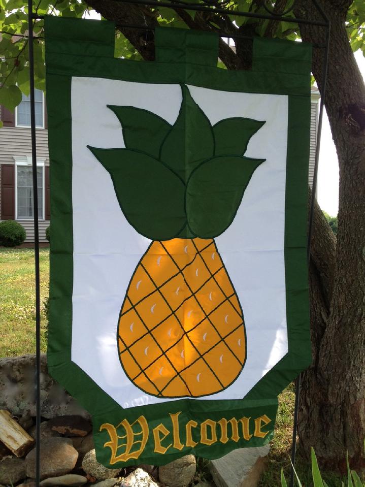 COLONIAL PINEAPPLE WELCOME FLAG BY BALD EAGLE FLAG STORE FREDERICKSBURG VA (540) 374-3480 BALDEAGLEINDUSTRIES.COM flag store serving richmond, hampton, newport news, norfolk, va beach, arlington, alexandria, fairfax, winchester, harrisonburg, roanoke, charlottesville, culpeper, warrantor, manses, haymarket, manses, woodbridge, stafford, quantize marine corps base 