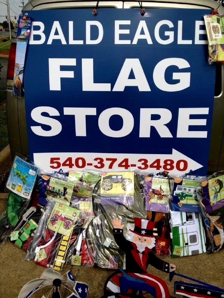 FLAGS, KITES, WINDSOCKS AND GARDEN SPINNERS, WHOLESALE VALUES 540-374-3480 BALD EAGLE FLAG STORE, PHOTOGRAPH BY BALDEAGLEINDUSTRIES.COM