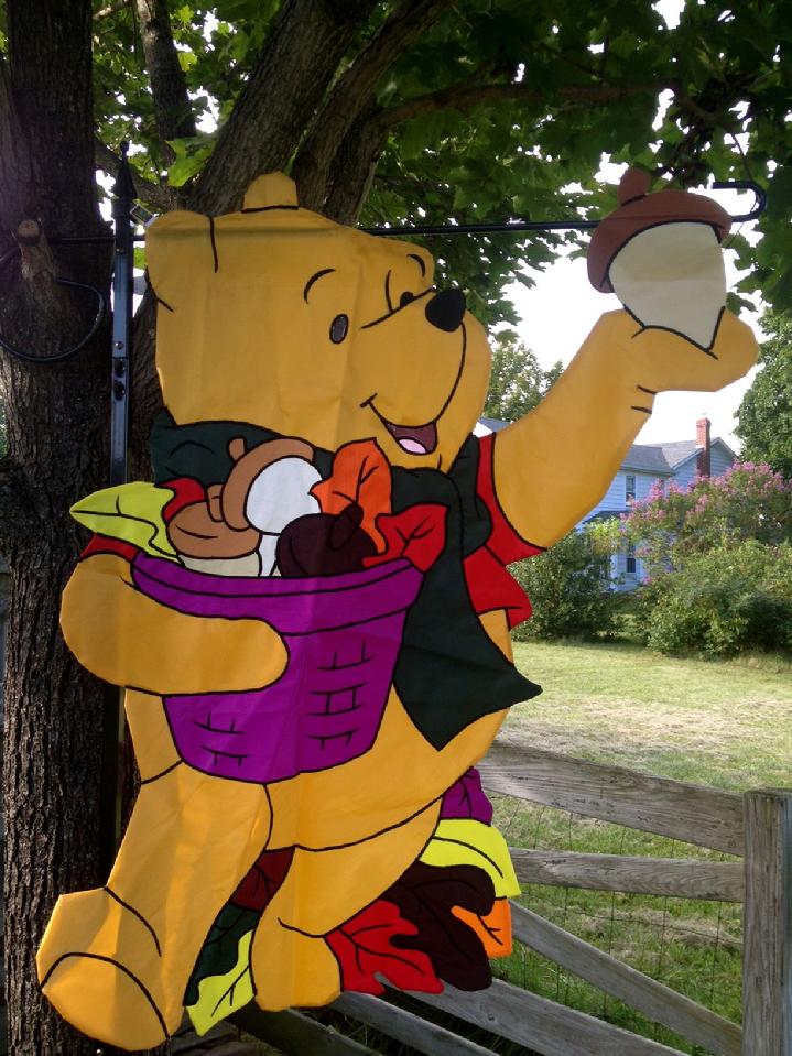 large winnie the pooh flag made in 1998 at bald eagle flag store fredericksburg va, a large 3d flag from our private collection of vintage flags from years past, winnie the pooh holding an acorn flag, a rare winnie the pooh flag by new creative enterprises