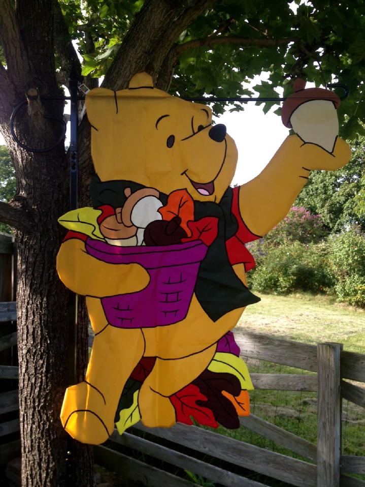 large winnie the pooh flag made in 1998 at bald eagle flag store fredericksburg va, a large 3d flag from our private collection of vintage flags from years past, winnie the pooh holding an acorn flag, a rare winnie the pooh flag by new creative enterprises